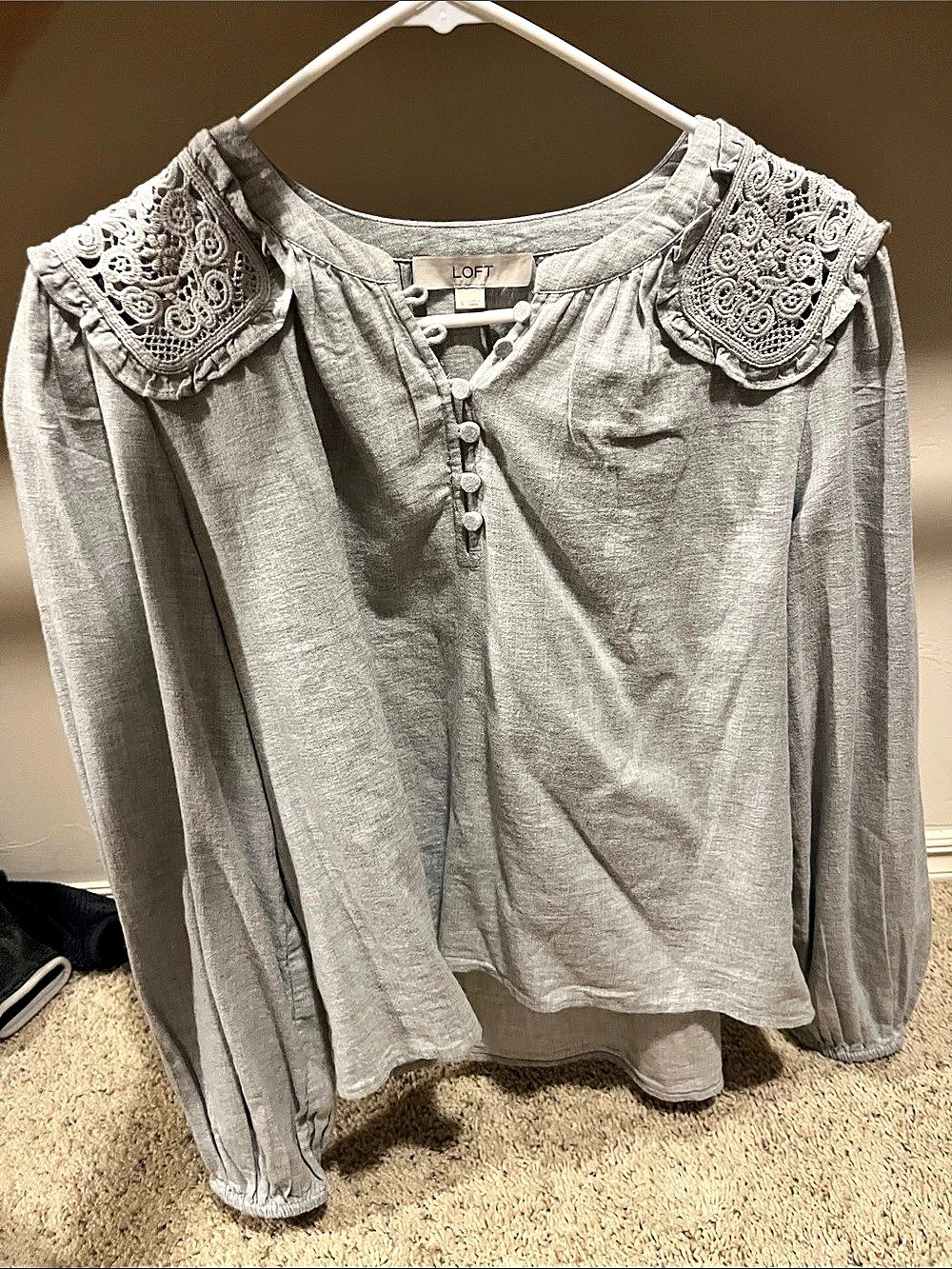 LOFT Gray Embroidered Long Sleeve Blouse